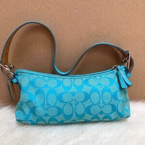COACH Turquoise Signature Canvas E/W Vintage Y2K Baguette Tassel Pull #6371